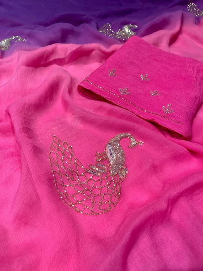 Pure Diamond Chiffon Hand Work Saree.