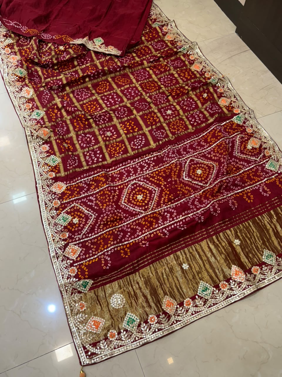 Pure Modal Gajji Silk Bandhej Hand work Gota Patti Work Saree.