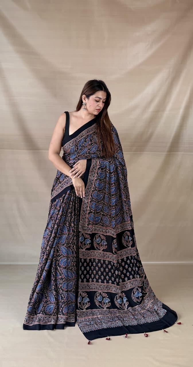 Pure Modal Silk Ajrakh Hand-block Printed Saree.