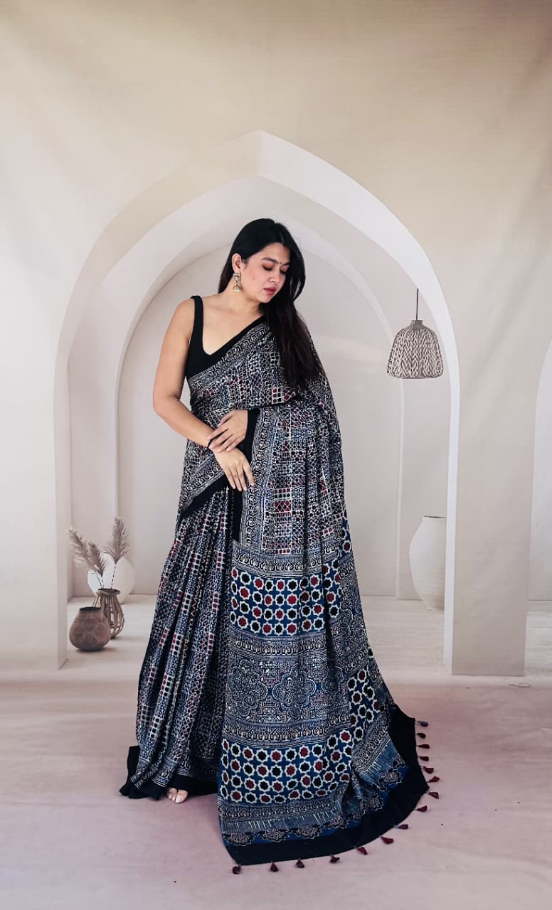 Pure Modal Silk Ajrakh Hand-block Printed Saree.