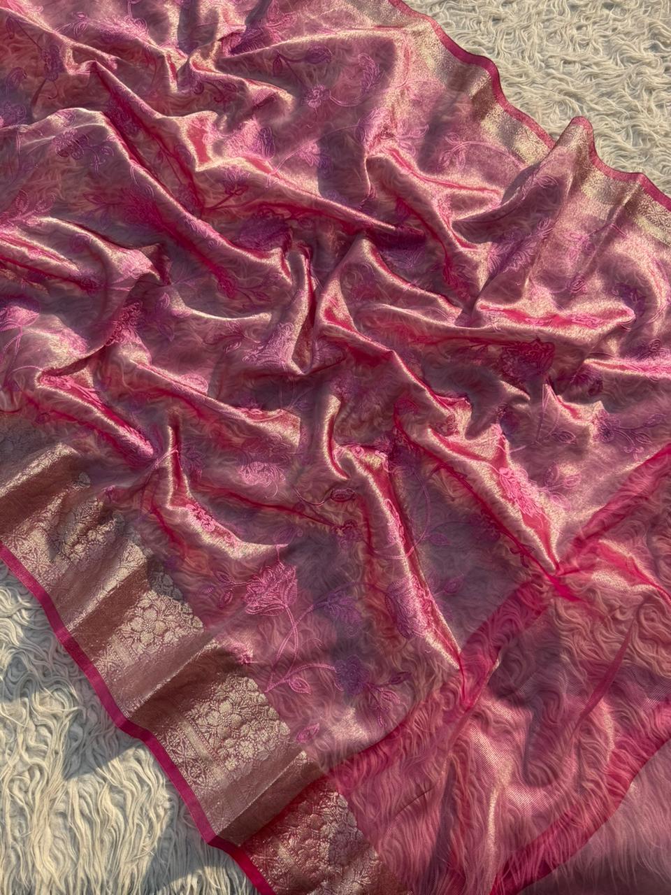 Banarasi Tissue Embroidery Work Soft Silk Saree.