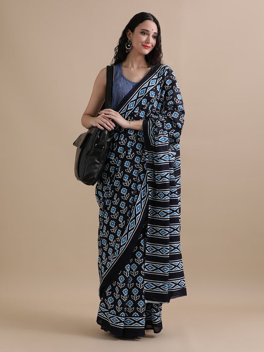 Pure Mulmul Cotton Hand Block Printed Saree With Running Blouse.