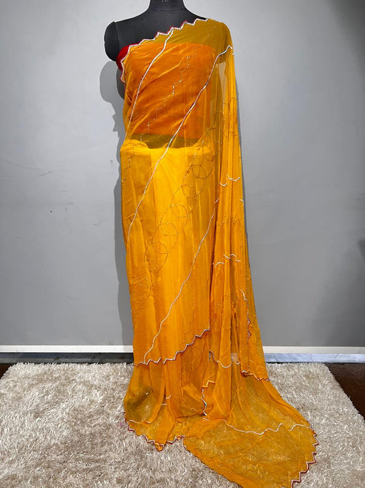 Beautiful Pure Diamond chiffon Hand Sikvans & kardana Work Full jaal Saree