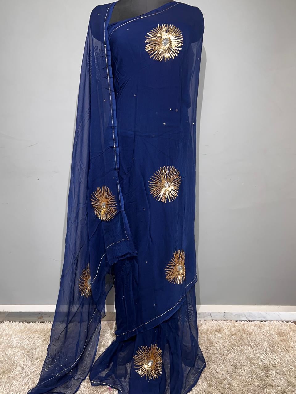 Blue Color Pure Diamond Chiffon sequence Hand Work Saree.