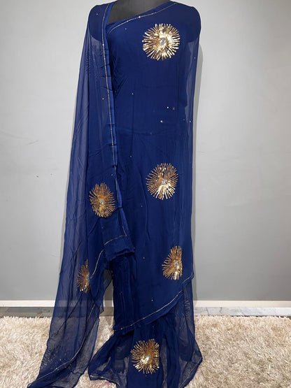 Blue Color Pure Diamond Chiffon sequence Hand Work Saree.