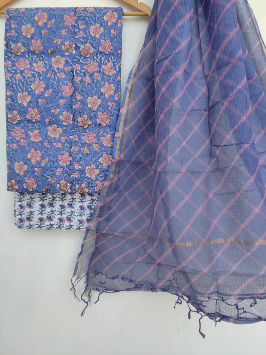 Pure Cotton Hand Block Printed Unstitched Suits with Kota doriya Dupatta.