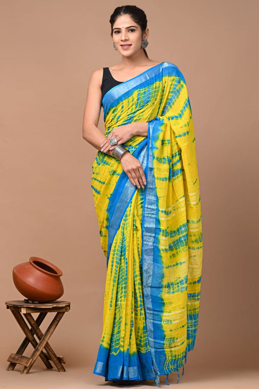 Pure Cotton Linen Hand Block Printed Saree with Blouse.