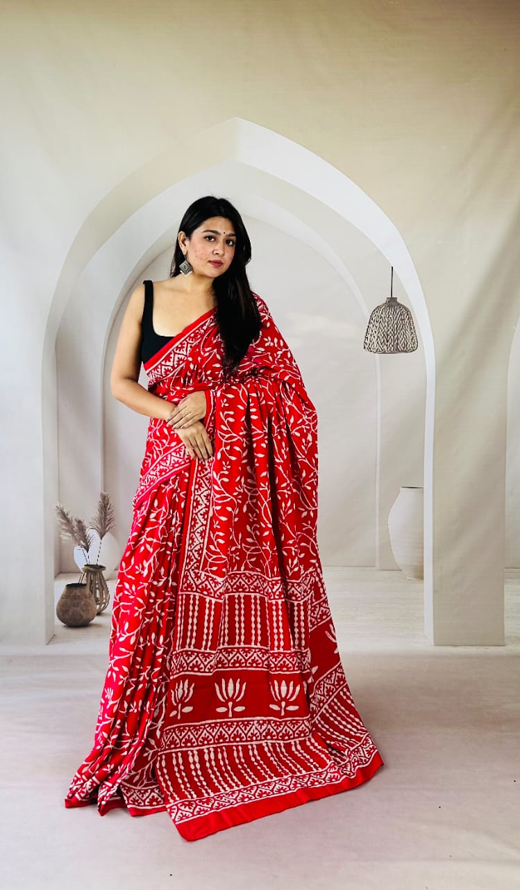 Pure Mulmul Cotton Hand Block Printed Saree With Running Blouse.