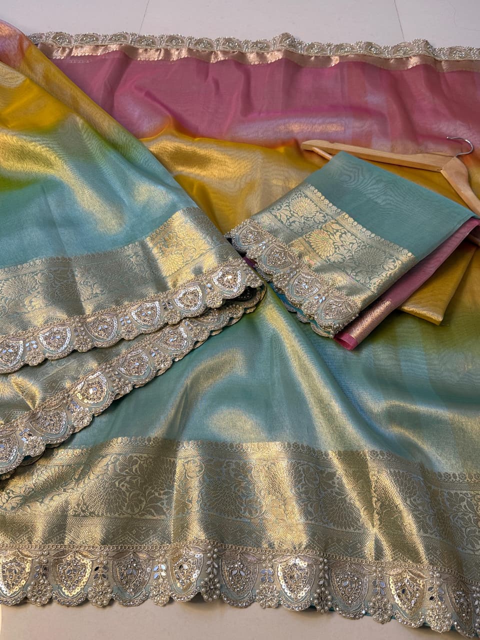 Multi Shade Glass Tissue Saree with Soft Mirror Lace Border