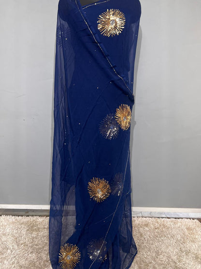 Blue Color Pure Diamond Chiffon sequence Hand Work Saree.