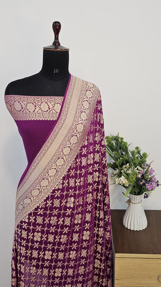 Pure Handloom Khaddi Georgette Saree Zari Work.