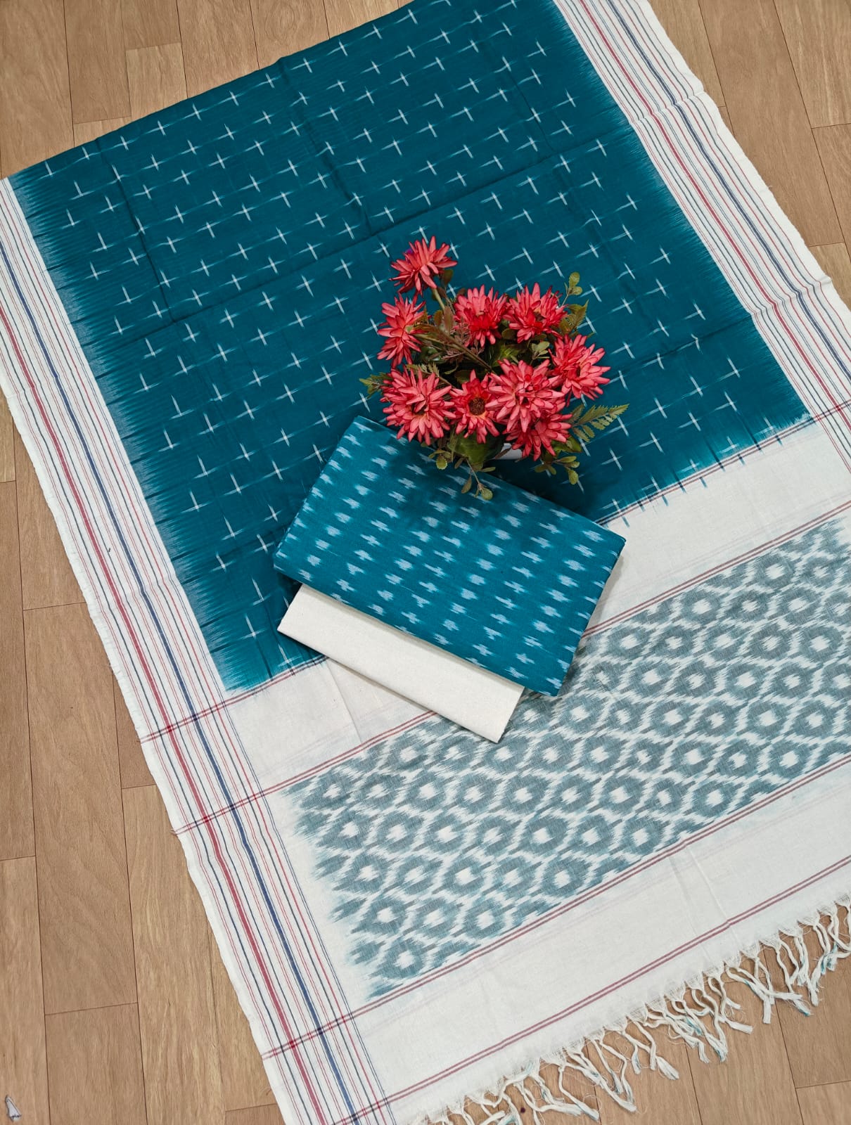 Beautiful Pure Cotton Double Ikkat Unstitched Suit.