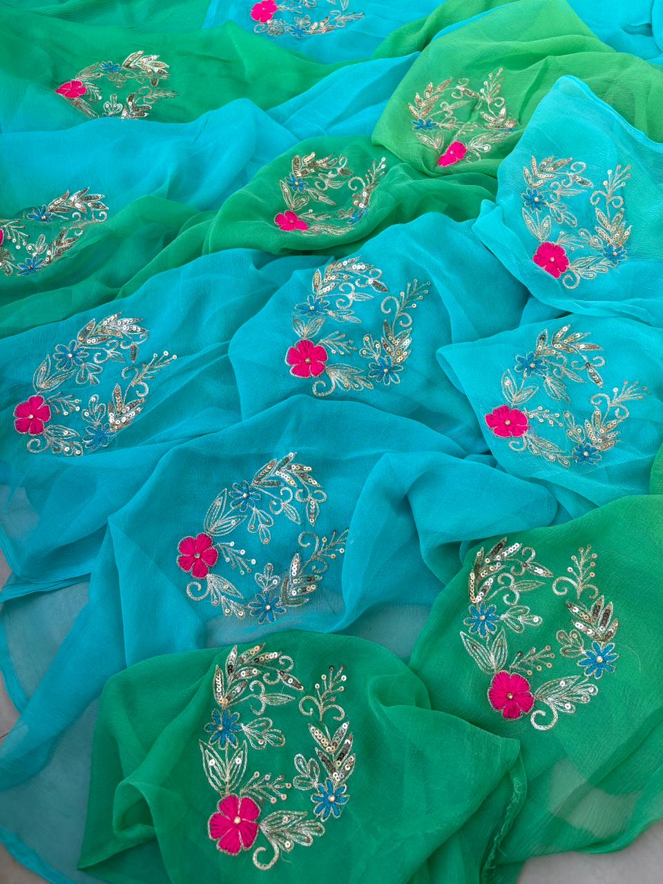 Pure Diamond Chiffon Ksb Work Butta Saree With Blouse.