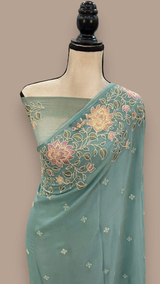 Banarasi Kora Organza Silk Embroidery Work Saree
