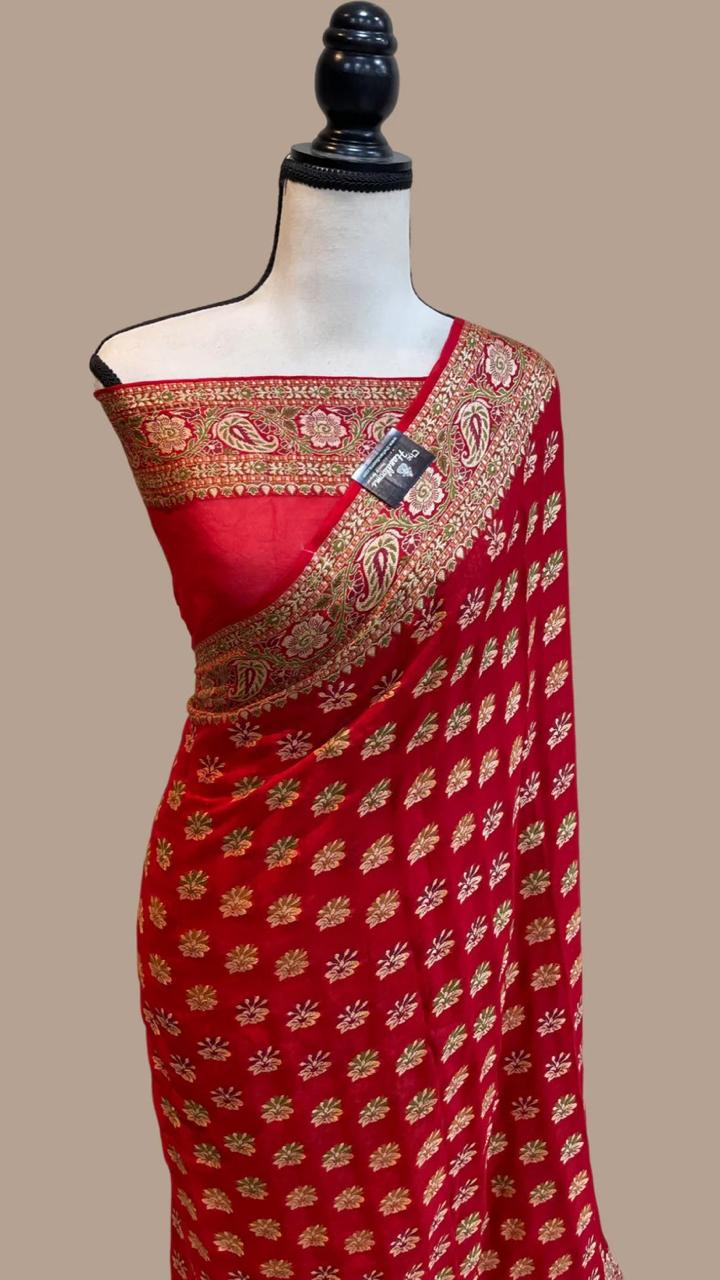 Pure Handloom Khaddi Chiffon Georgette Saree With Zari Weaving Blouse