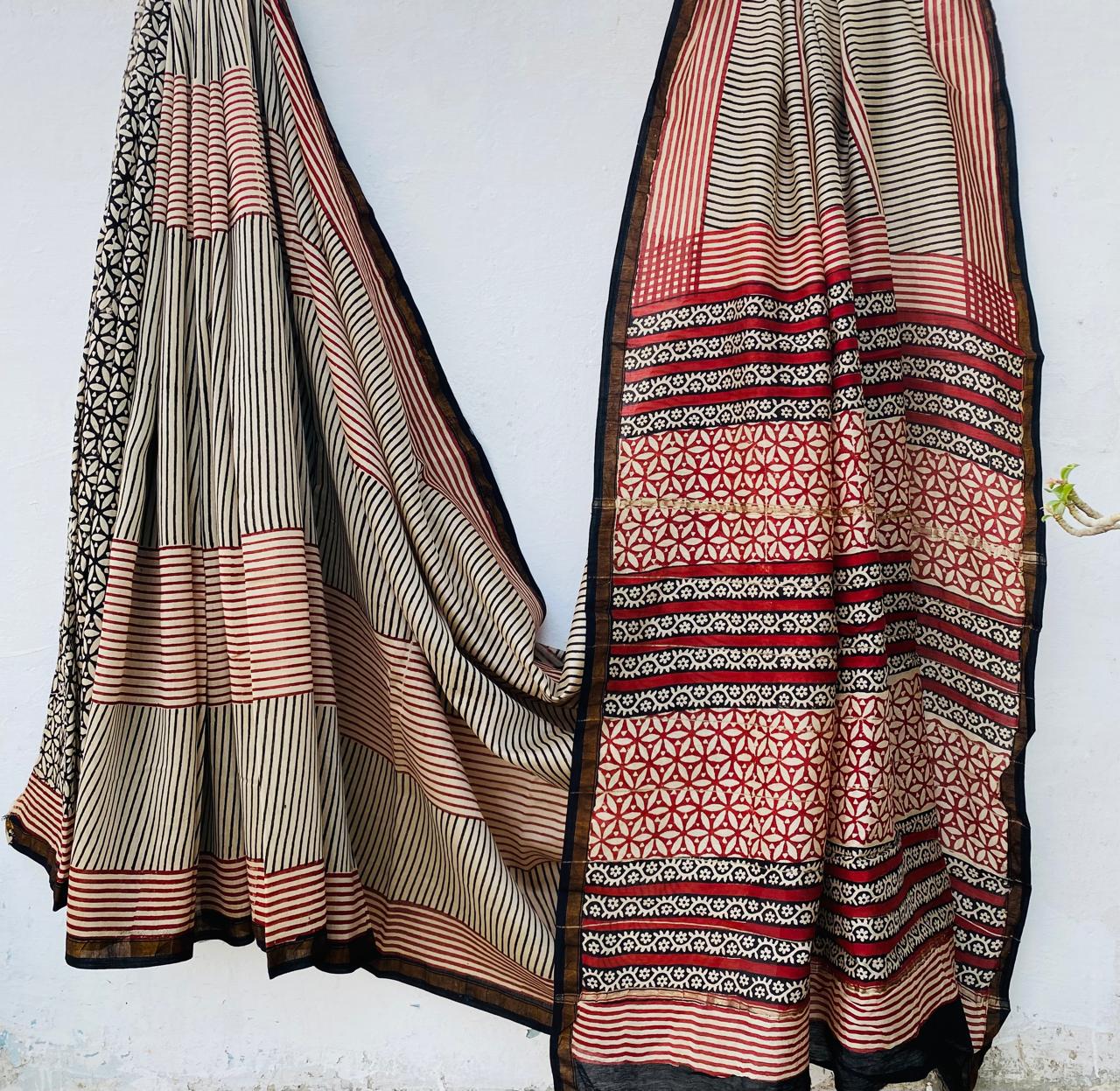 Pure Chanderi Silk Hand-block Printed Saree.