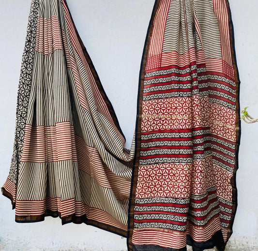 Pure Chanderi Silk Hand-block Printed Saree.