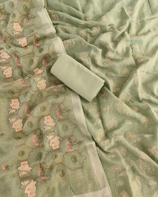 BHAGALPURI COTTON LINEN EMBROIDERY UNSTITCHED SUIT.