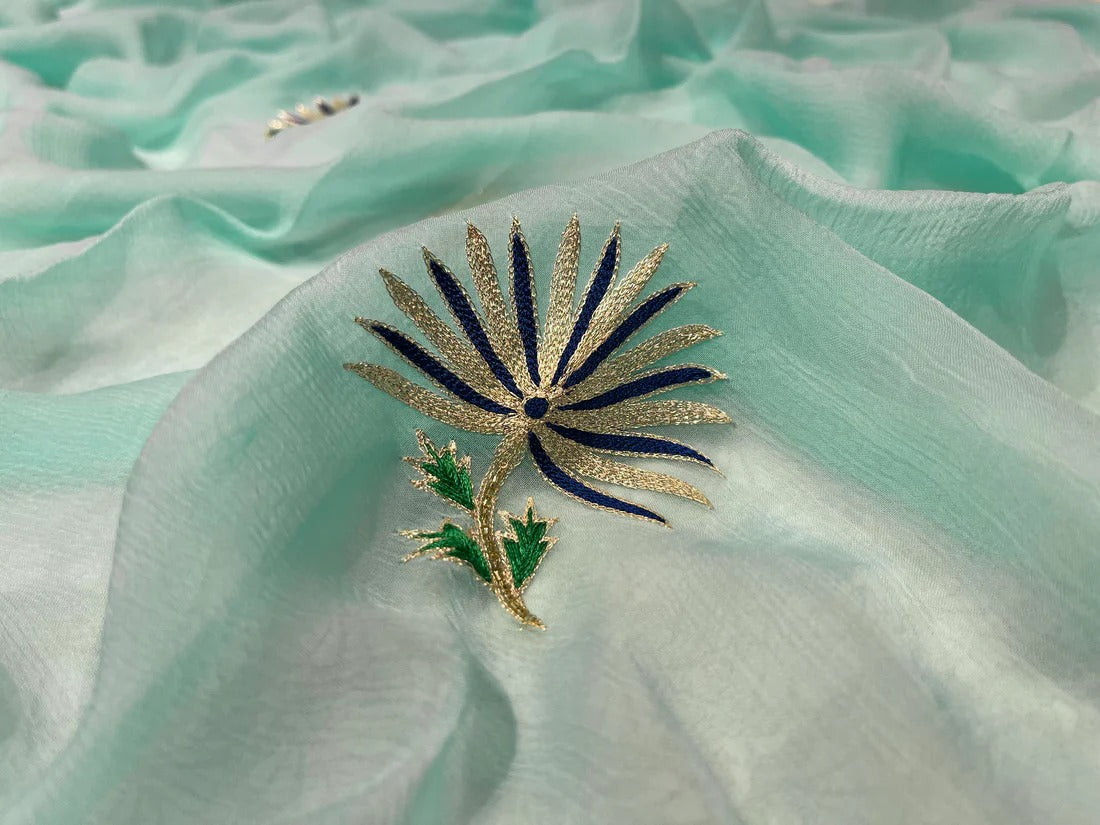 AQUA COLOUR CHIFFON EMBROIDERED SAREE EMBELLISHED WITH AARI WORK