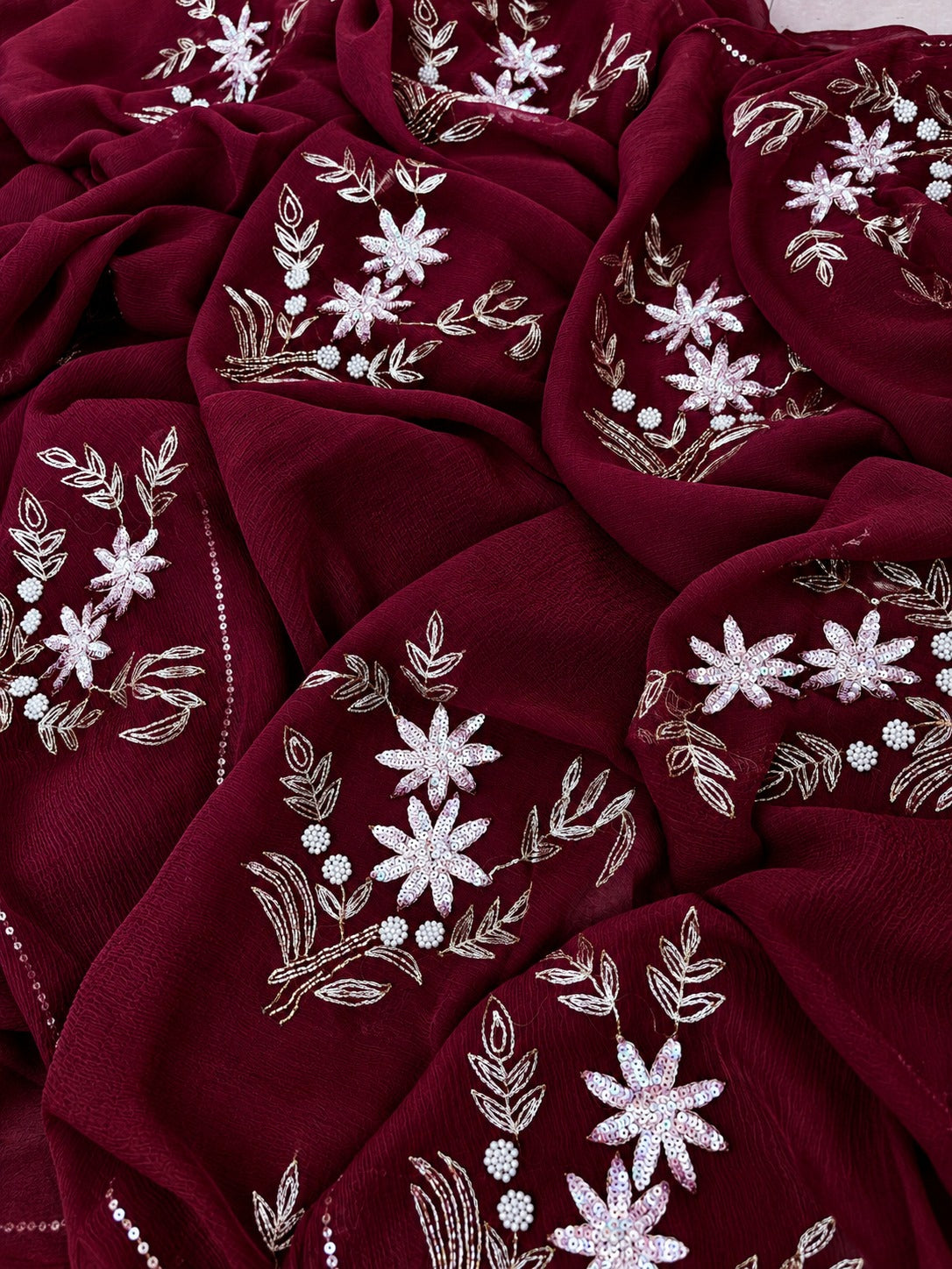 Pure Diamond Chiffon Hand Work Saree With Blouse.