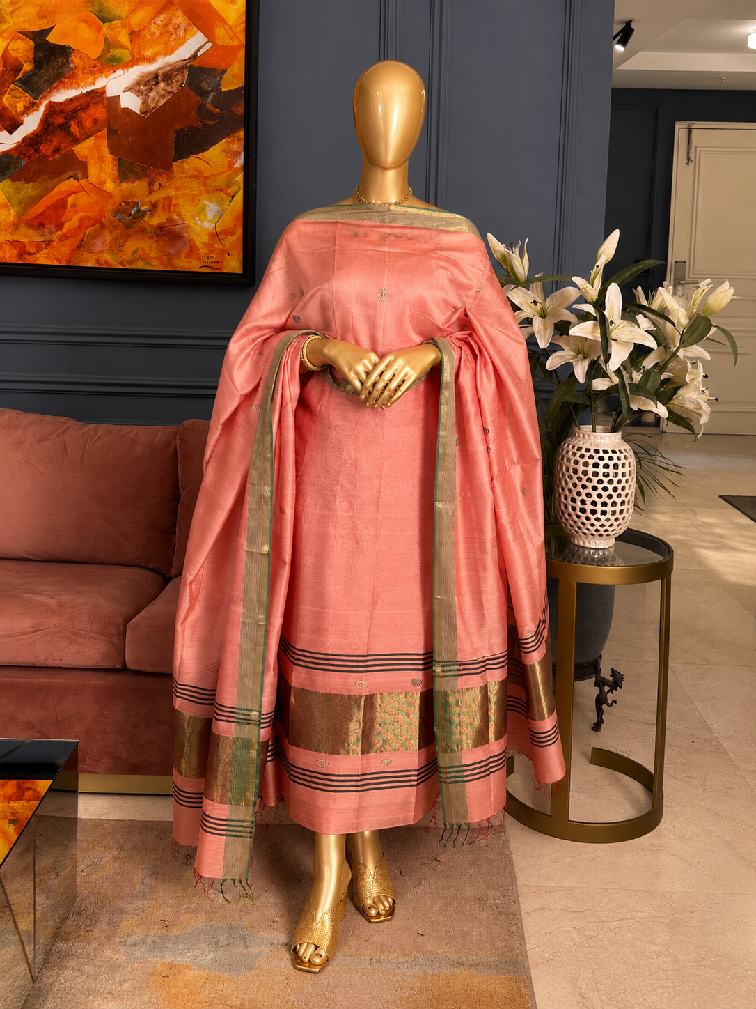 Pure Maheswari Silk Cotton Handwoven Unstitch Suit.