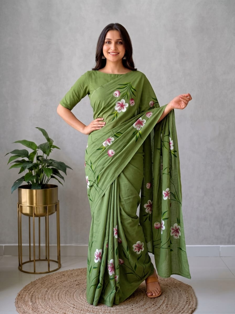 Pure Cotton Hand Block Printed Saree With Blouse.