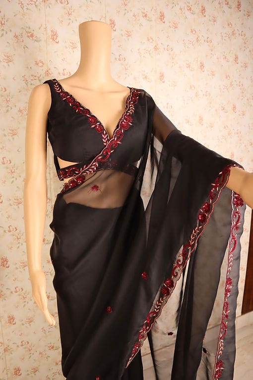 Black Color Designer Pure Organza Hand Work Saree