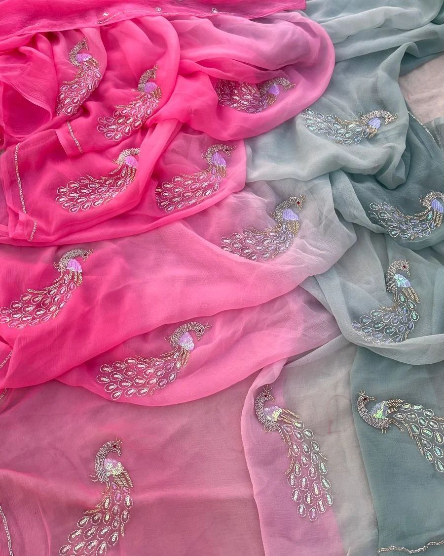 Pure Diamond Chiffon Beautiful Hand Work Saree