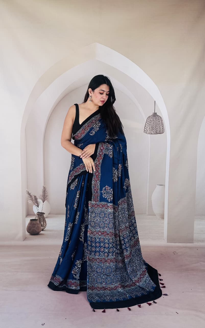Pure Modal Silk Ajrakh Hand-block Printed Saree.