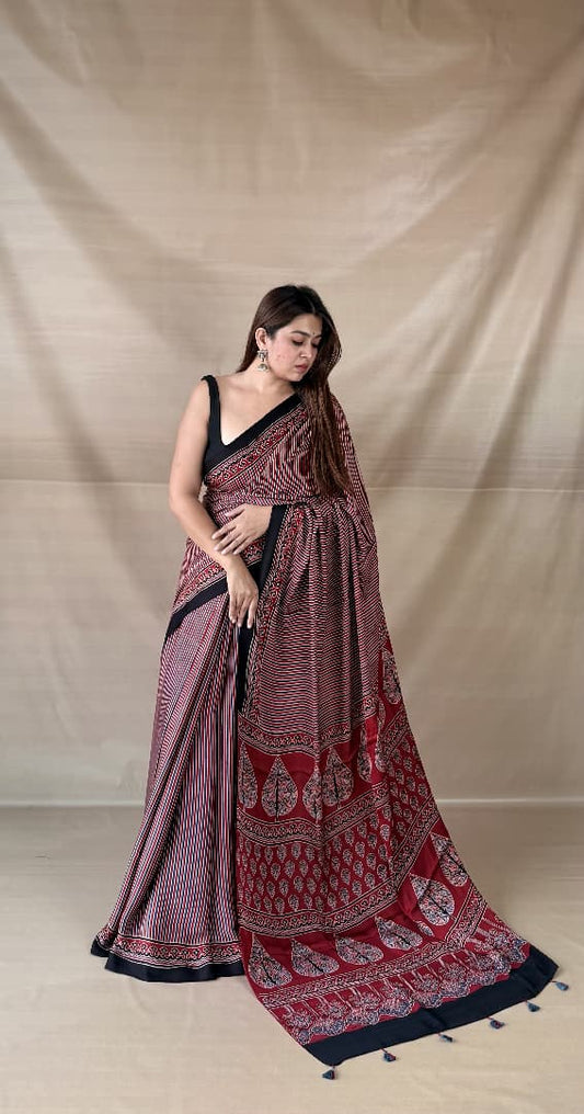 Pure Modal Silk Ajrakh Hand-block Printed Saree.