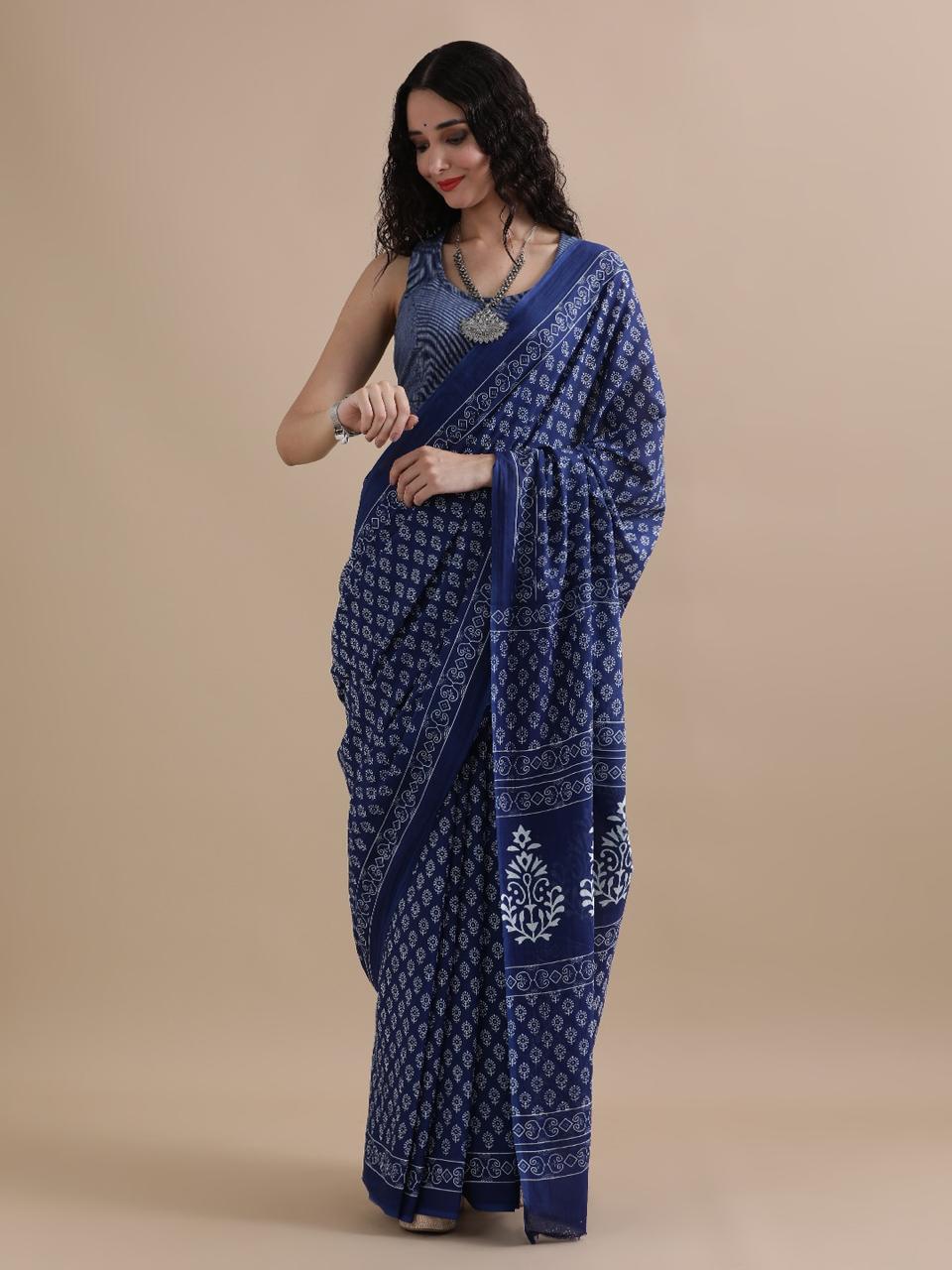 Pure Mulmul Cotton Hand Block Printed Saree With Running Blouse.