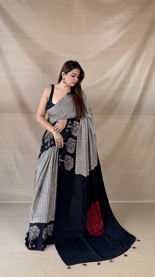 Pure Modal Silk Ajrakh Hand-block Printed Saree.