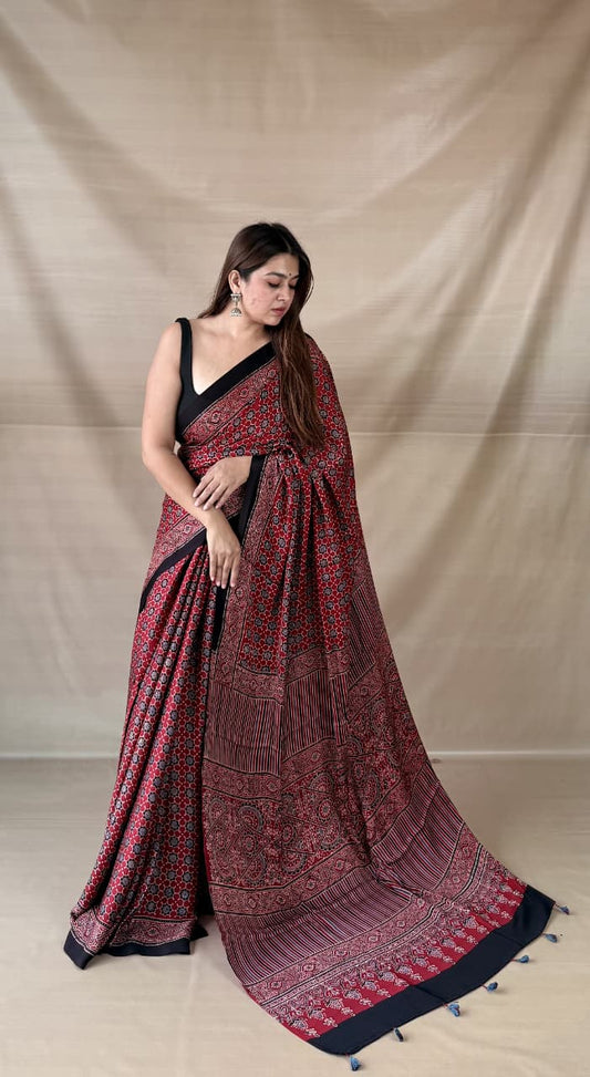 Pure Modal Silk Ajrakh Hand-block Printed Saree.