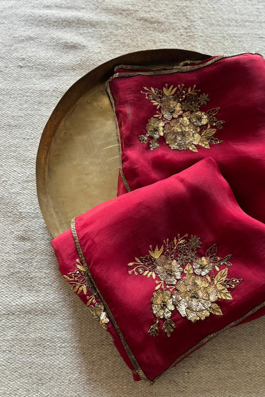 Rani Color Pure Diamond Chiffon Catdana Hand Work Saree.