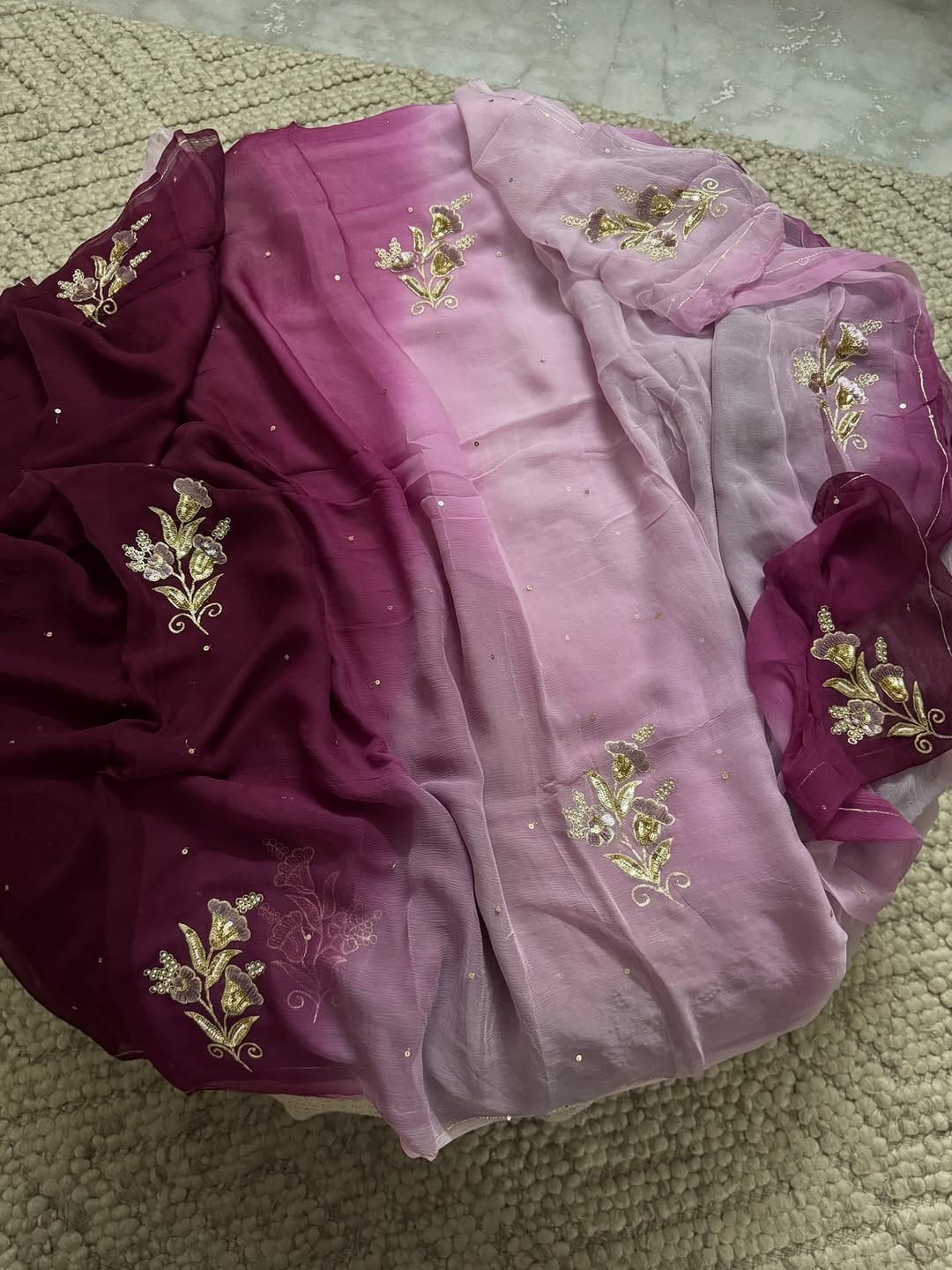 Multicolor Pure Diamond Chiffon Hand Work Saree With Blouse.