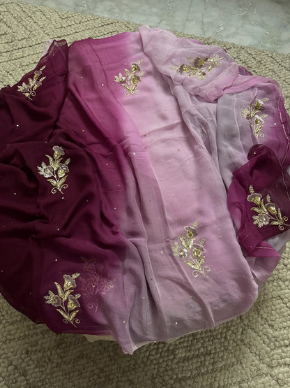 Multicolor Pure Diamond Chiffon Hand Work Saree With Blouse.