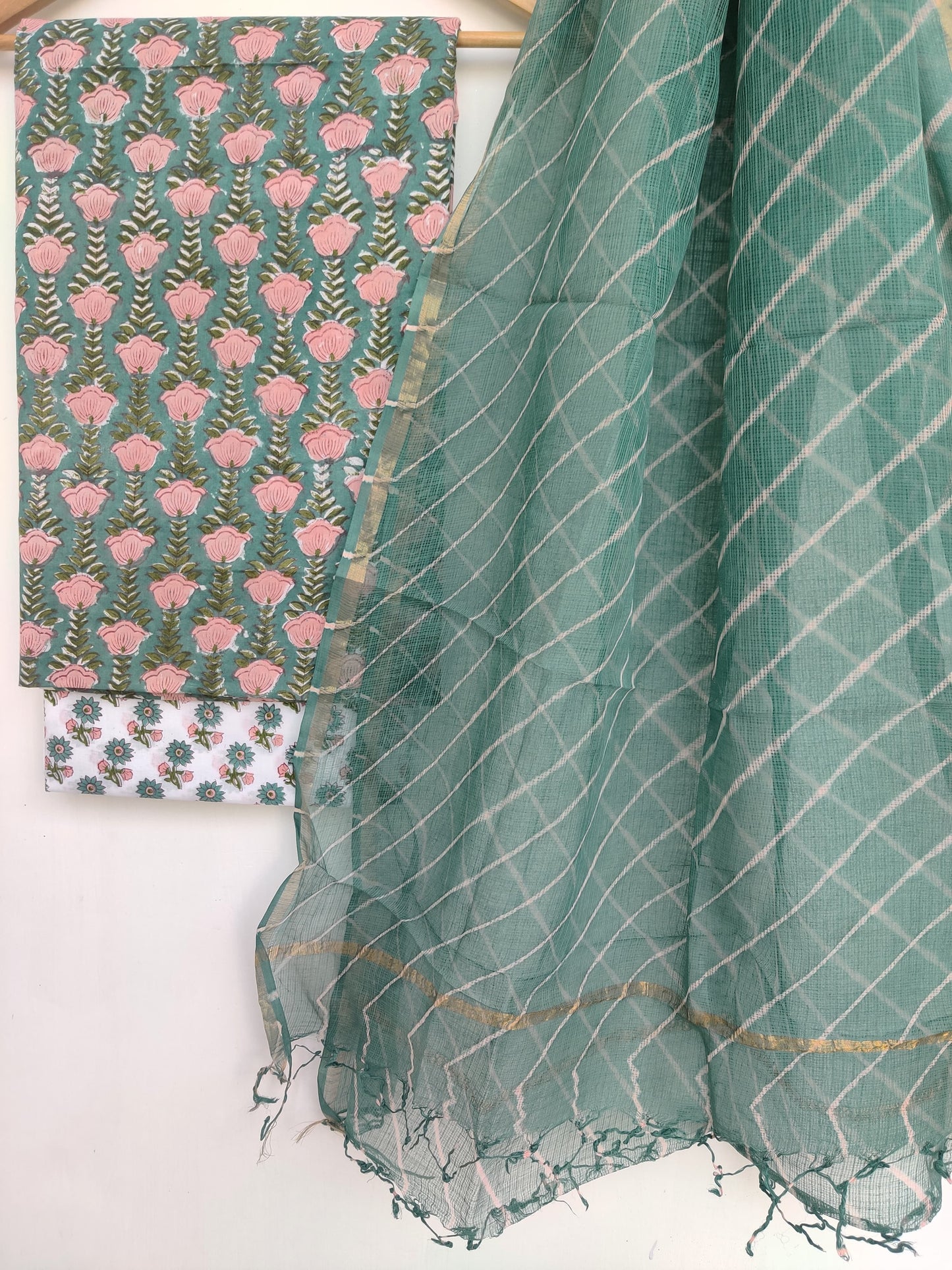 Pure Cotton Hand Block Printed Unstitched Suits with Kota doriya Dupatta.