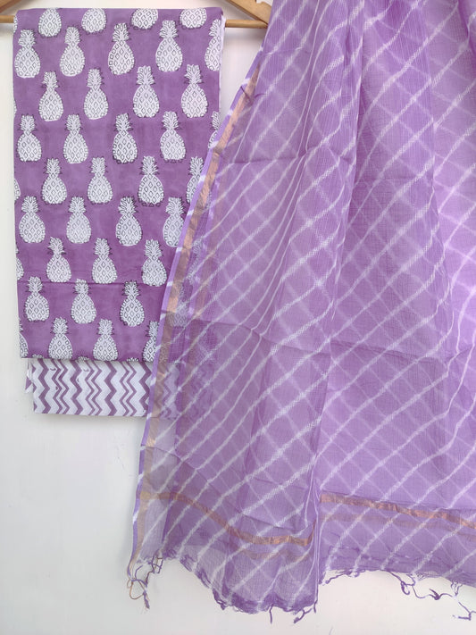 Pure Cotton Hand Block Printed Unstitched Suits with Kota doriya Dupatta.