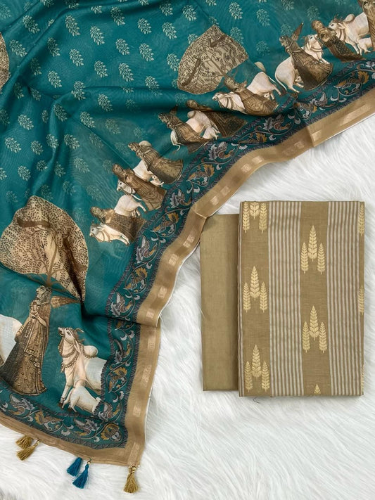 Banarasi Chanderi Zari Work Unstitched Suit With Beautiful Pichwai Dupatta