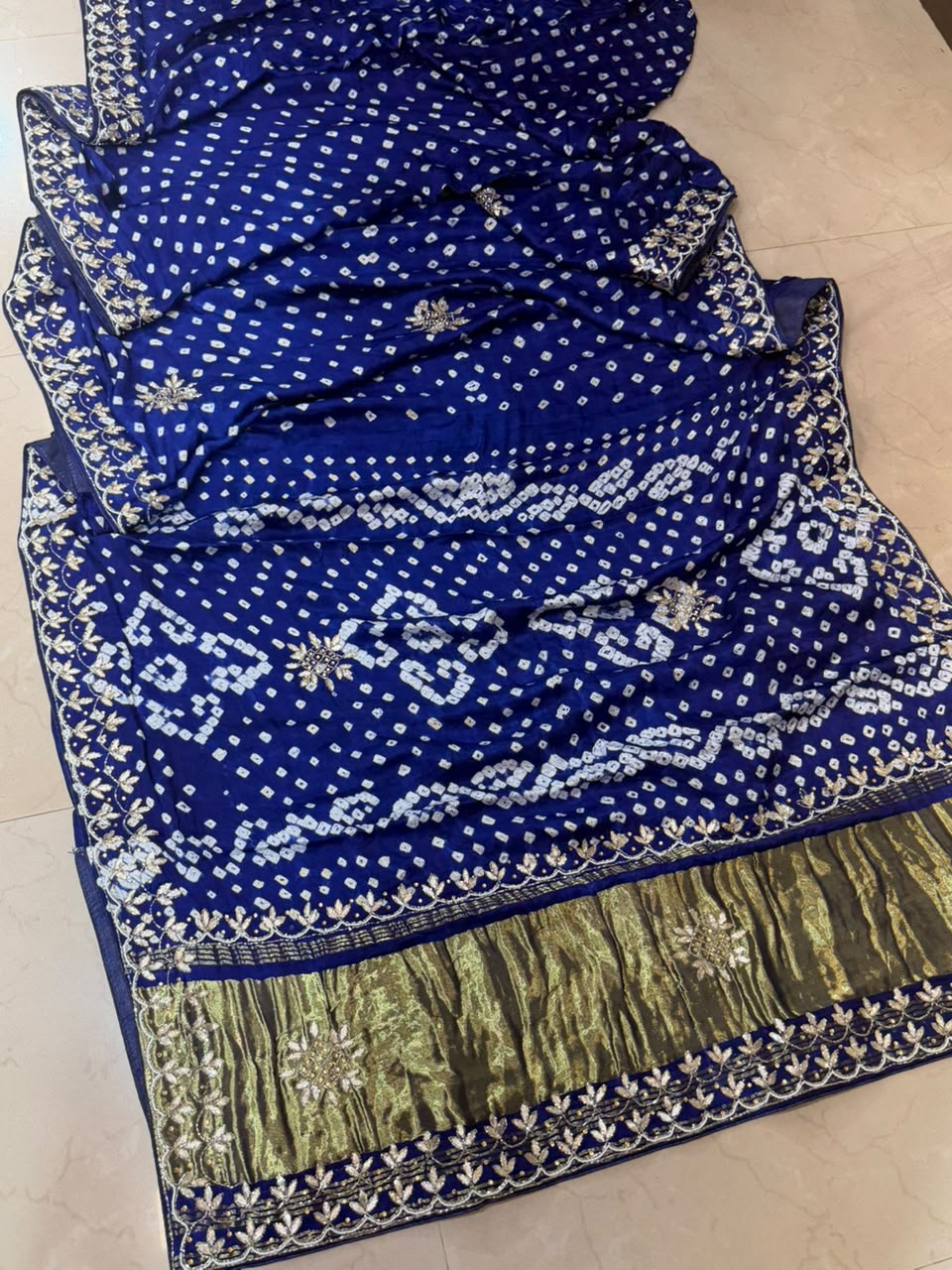 Pure Modal Gajji Silk Bandhej Hand work Gota Patti Work Saree.