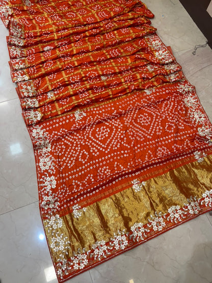 Pure Modal Gajji Silk Bandhej Hand work Gota Patti Work Saree.