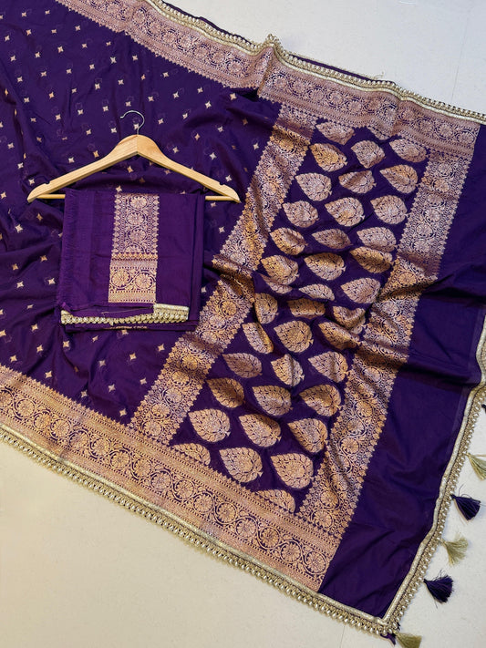Handloom Banarasi Khaddi Katan Soft Silk Saree With Pearls lace Work Border