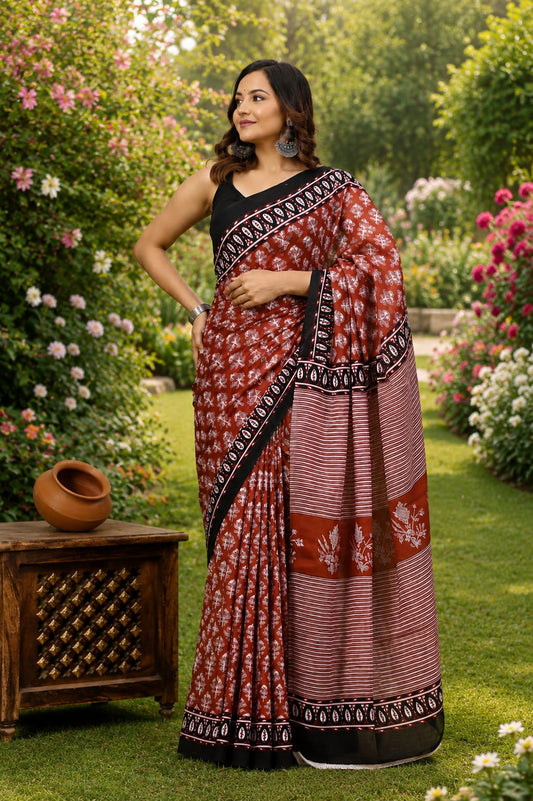Pure Cotton Hand Block Printed Saree With Blouse.
