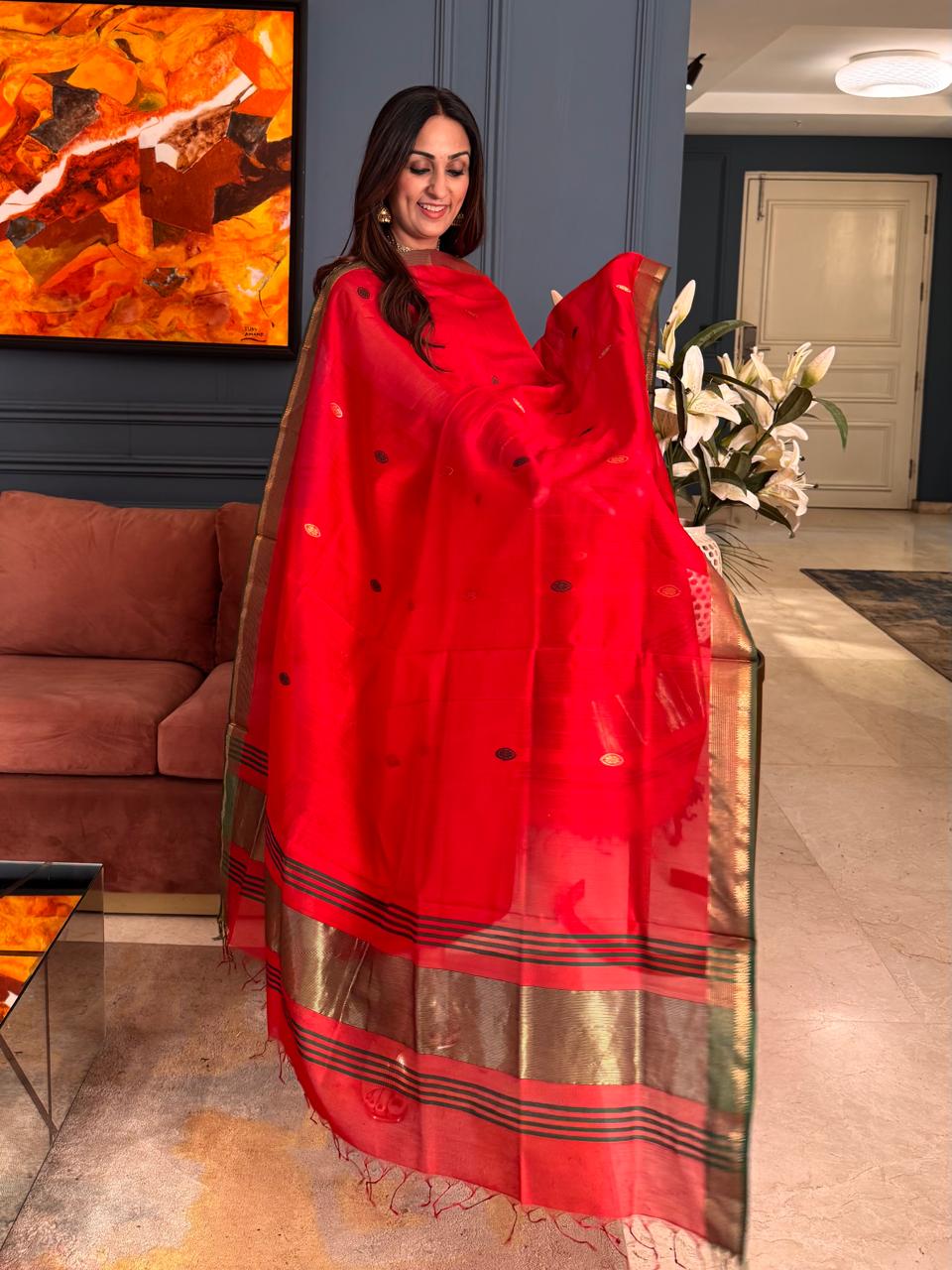 Pure Maheswari Silk Cotton Handwoven Unstitch Suit.