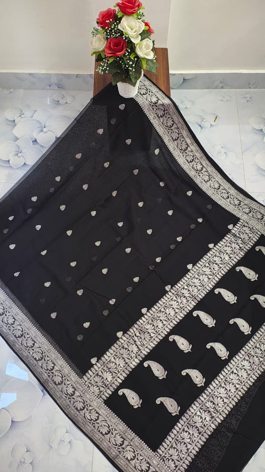 Pure Handloom Khaddi Chiffon Georgette Saree With Silver Zari Weaving Blouse  ( length- 6.3 meter )
