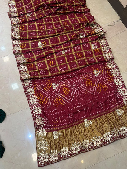 Pure Modal Gajji Silk Bandhej Hand work Gota Patti Work Saree.