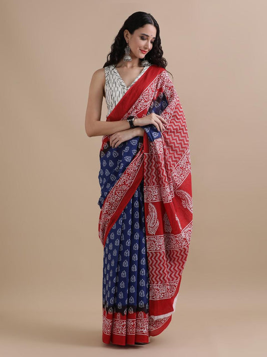 Pure Mulmul Cotton Hand Block Printed Saree With Running Blouse.