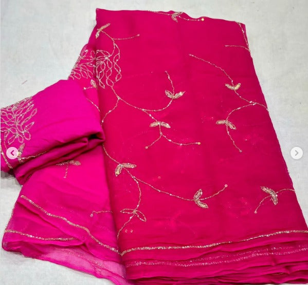 Beautiful Rose Pure Chiffon full kardana Jaal Work Saree