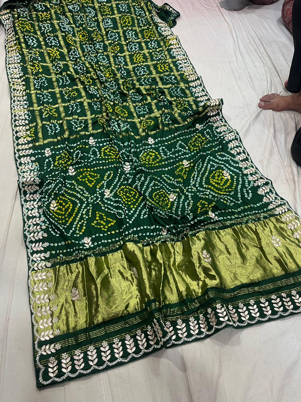 Pure Modal Gajji Silk Bandhej Hand work Gota Patti Work Saree.