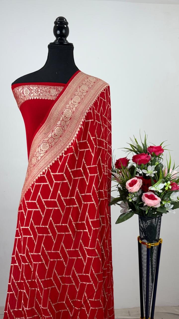 Pure Handloom Khaddi Georgette Saree Zari Work.